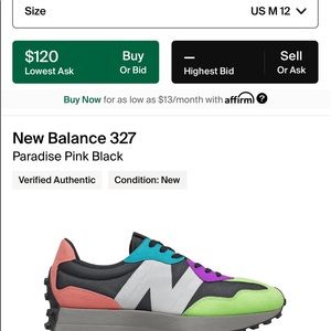 New balance 327 size 12D worn for 2 hours. Too small for me